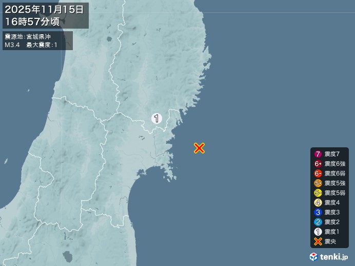 16時57分ごろ、Ｍ３．４　宮城県沖 北緯38.6度　東経141