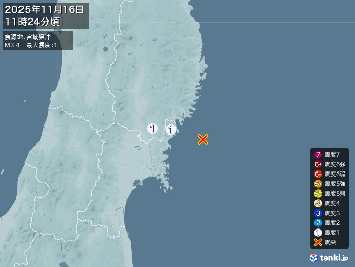 11時24分ごろ、Ｍ３．４　宮城県沖 北緯38.8度　東経142