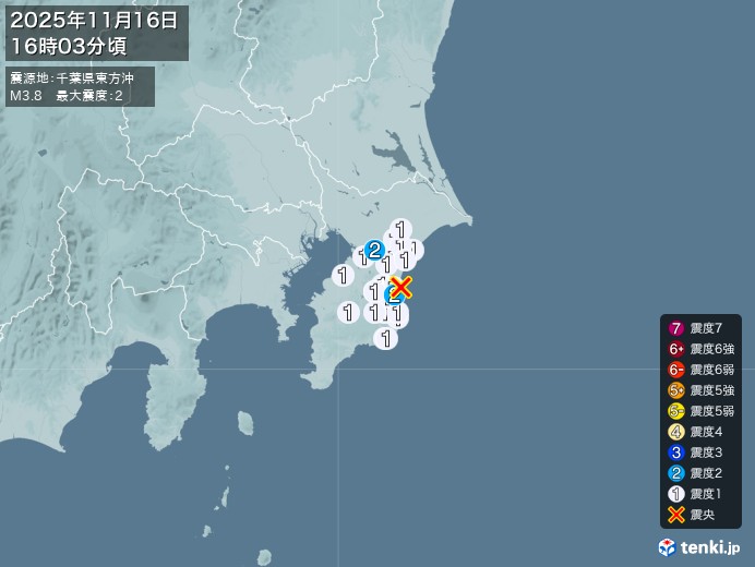 16時3分ごろ、Ｍ３．８　千葉県東方沖 北緯35.4度　東経14