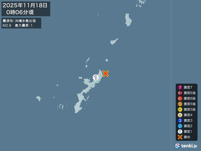 0時6分ごろ、Ｍ２．９　沖縄本島近海 北緯26.8度　東経128