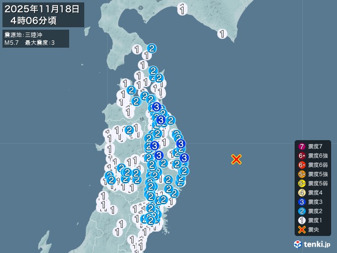 4時6分ごろ、Ｍ５．７　三陸沖 北緯39.7度　東経143.3度