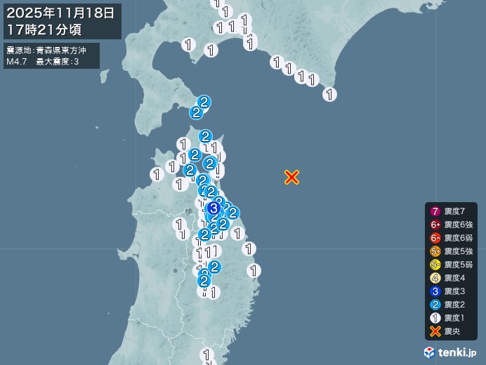 17時21分ごろ、Ｍ４．７　青森県東方沖 北緯40.9度　東経1