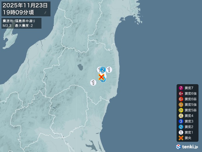 19時9分ごろ、Ｍ３．３　福島県中通り 北緯37.3度　東経14