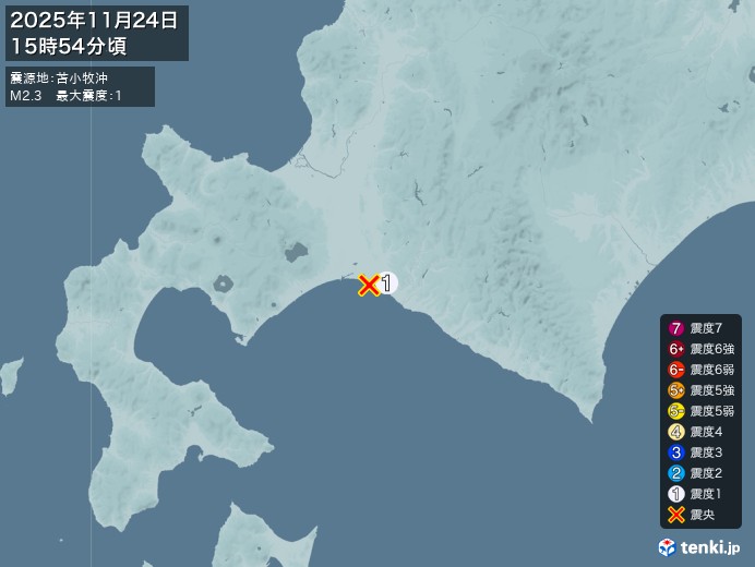 15時54分ごろ、Ｍ２．３　苫小牧沖 北緯42.6度　東経141