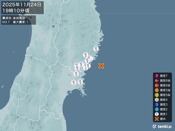 10時10分ごろ、Ｍ３．７　宮城県沖 北緯38.9度　東経142