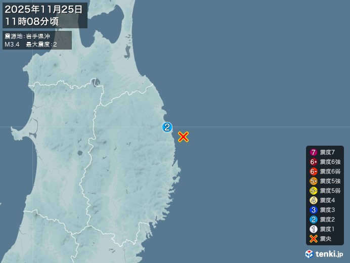 11時8分ごろ、Ｍ３．４　岩手県沖 北緯39.9度　東経142.