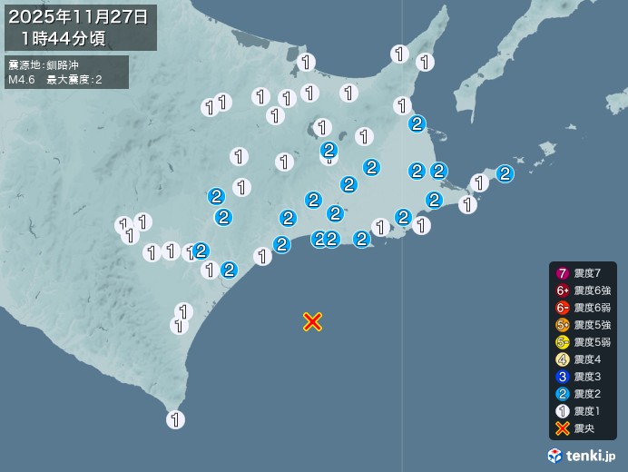 1時44分ごろ、Ｍ４．６　釧路沖 北緯42.5度　東経144.3