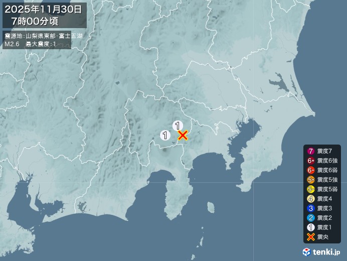 7時00分ごろ、Ｍ２．６　山梨県東部・富士五湖 北緯35.5度　