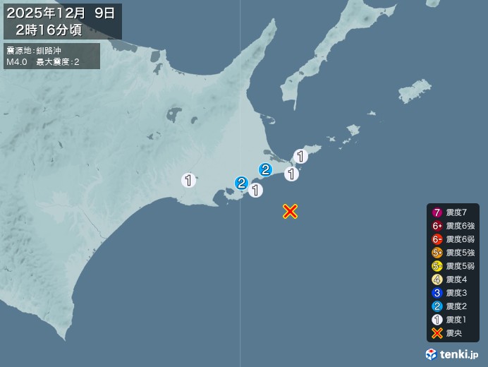 2時16分ごろ、Ｍ４．０　釧路沖 北緯42.9度　東経145.5