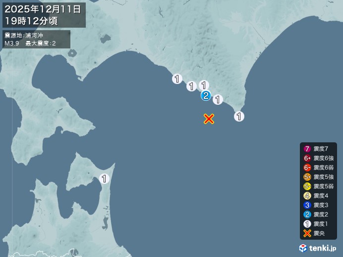 19時12分ごろ、Ｍ３．９　浦河沖 北緯41.9度　東経142.