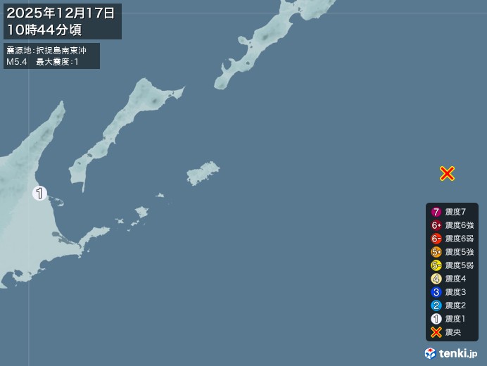 10時44分ごろ、Ｍ５．４　択捉島南東沖 北緯43.8度　東経1