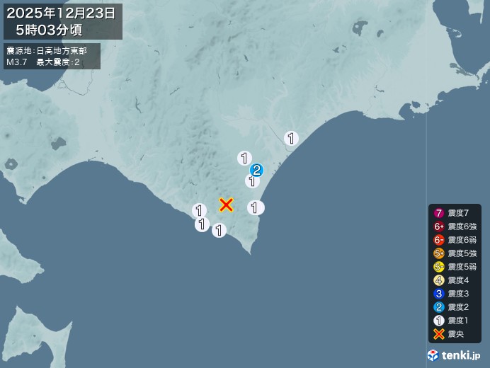5時3分ごろ、Ｍ３．７　日高地方東部 北緯42.3度　東経143