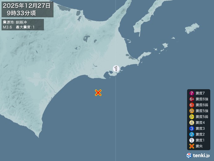 9時33分ごろ、Ｍ３．６　釧路沖 北緯42.7度　東経144.6