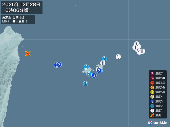 0時6分ごろ、Ｍ６．７　台湾北東部沖 北緯24.7度　東経122