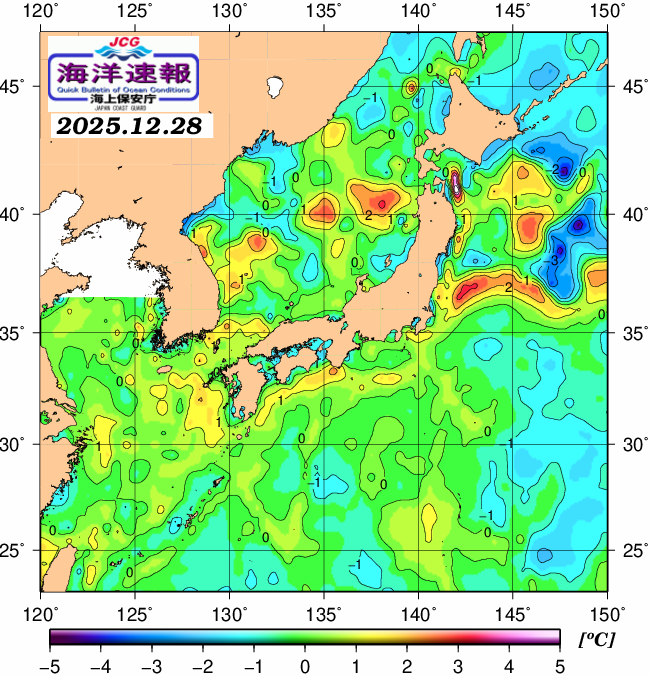 １２月２８日の、海水表面温度（平年比）、 https://www
