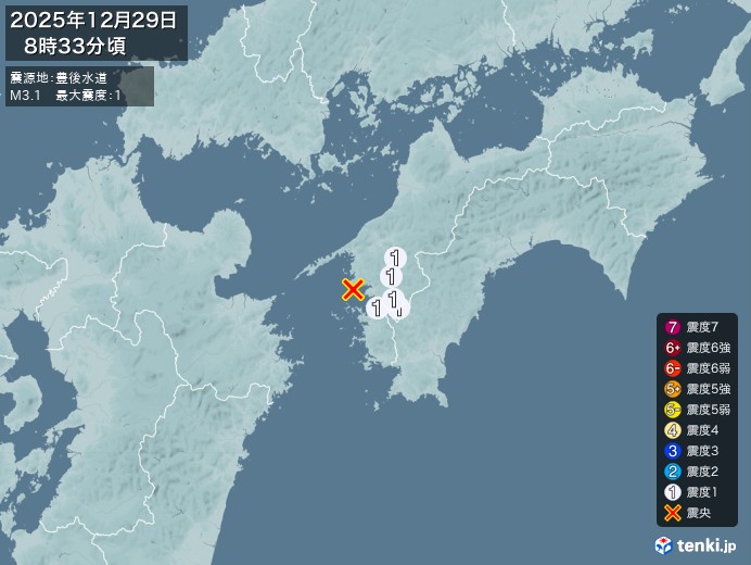 8時33分ごろ、Ｍ３．１　豊後水道 北緯33.3度　東経132.