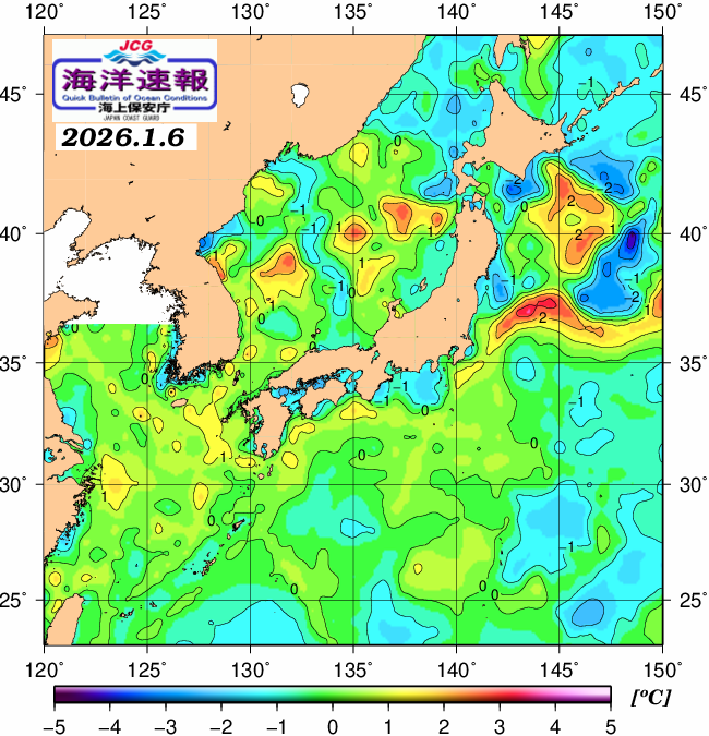 １月６日の、海水表面温度（平年比）、 https://www1.