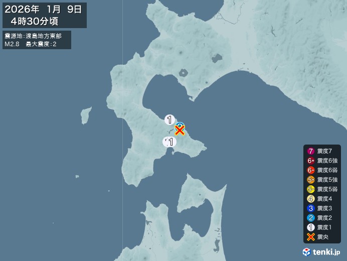 4時30分ごろ、Ｍ２．８　渡島地方東部 北緯42.0度　東経14