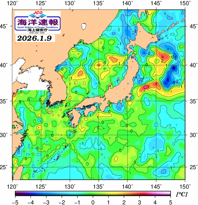 １月９日の、海水表面温度（平年比）、 https://www1.