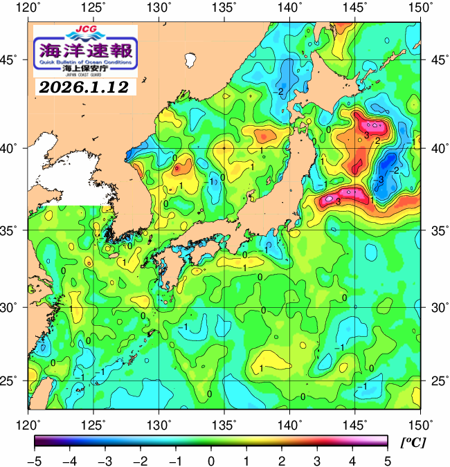 １月１２日の、海水表面温度（平年比）、 https://www1