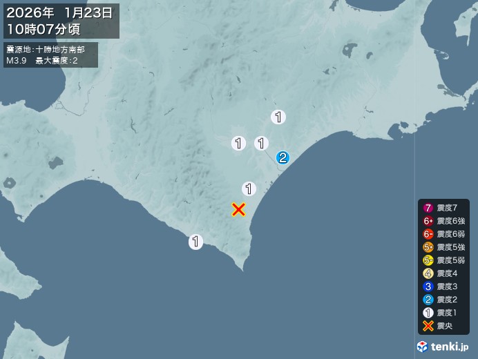 10時7分ごろ、Ｍ３．９　十勝地方南部 北緯42.4度　東経14