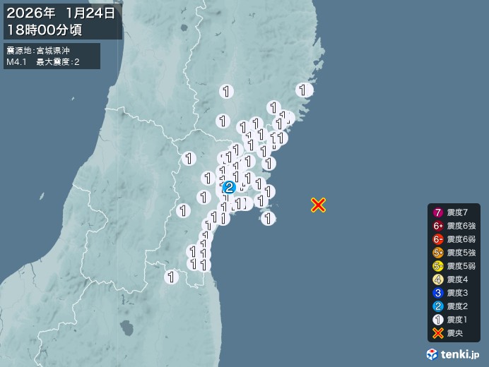18時00分ごろ、Ｍ４．１　宮城県沖 北緯38.4度　東経142
