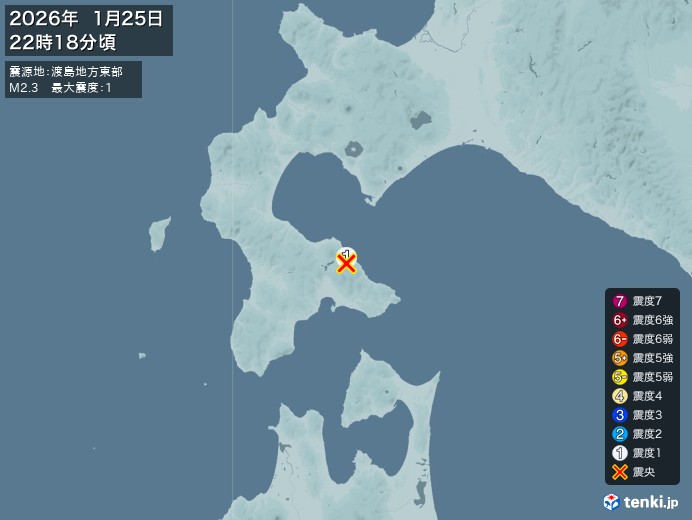 22時18分ごろ、Ｍ２．３　渡島地方東部 北緯42.0度　東経1