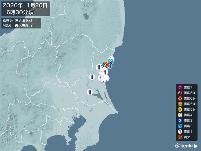 6時30分ごろ、Ｍ３．６　茨城県北部 北緯36.6度　東経140