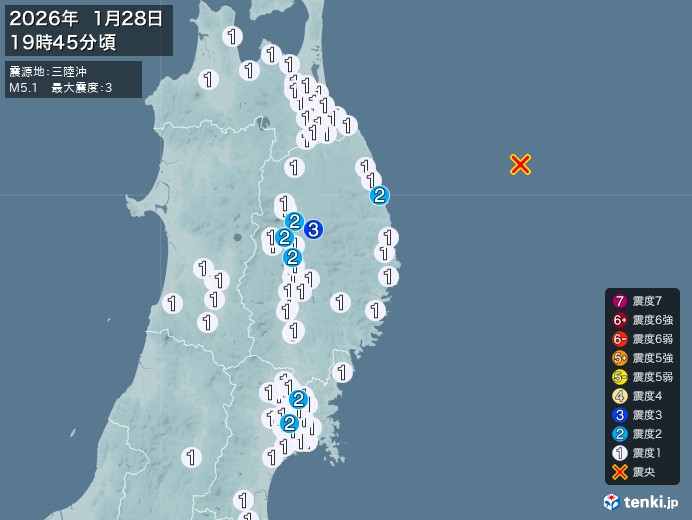 19時45分ごろ、Ｍ５．１　三陸沖 北緯40.2度　東経143.