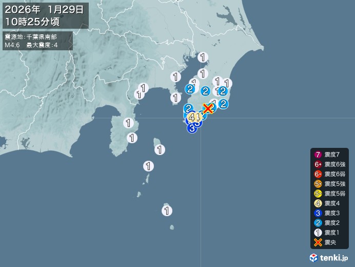 10時25分ごろ、Ｍ４．６　千葉県南部 北緯35.1度　東経14