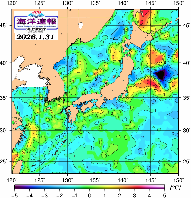１月３１日の、海水表面温度（平年比）、 https://www1