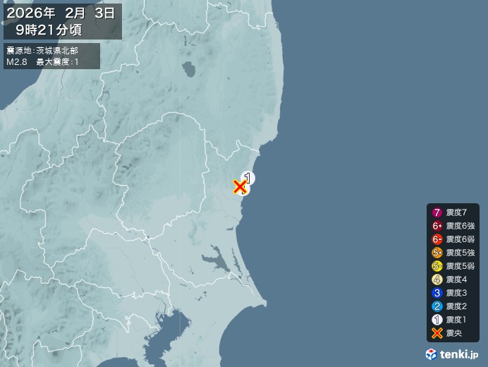 9時21分ごろ、Ｍ２．８　茨城県北部 北緯36.6度　東経140