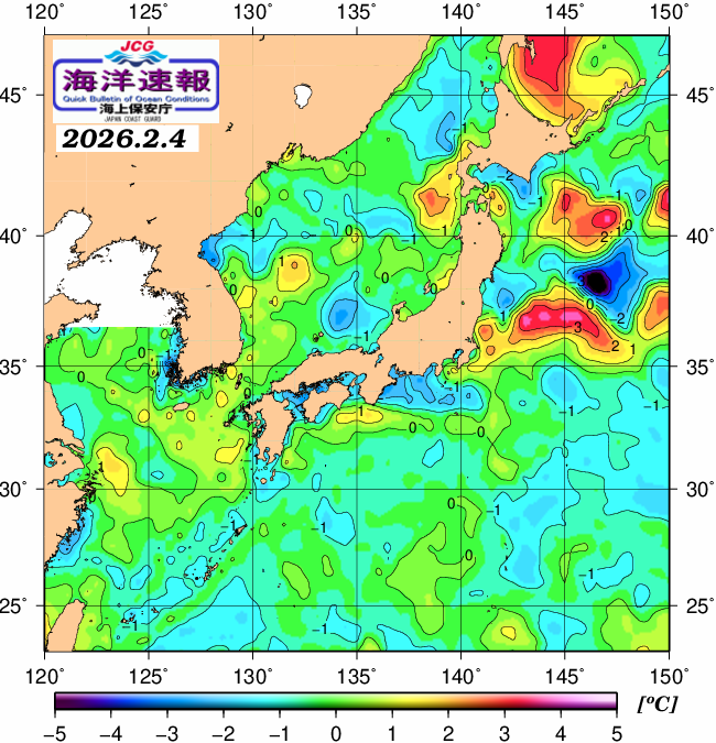 ２月４日の、海水表面温度（平年比）、 https://www1.