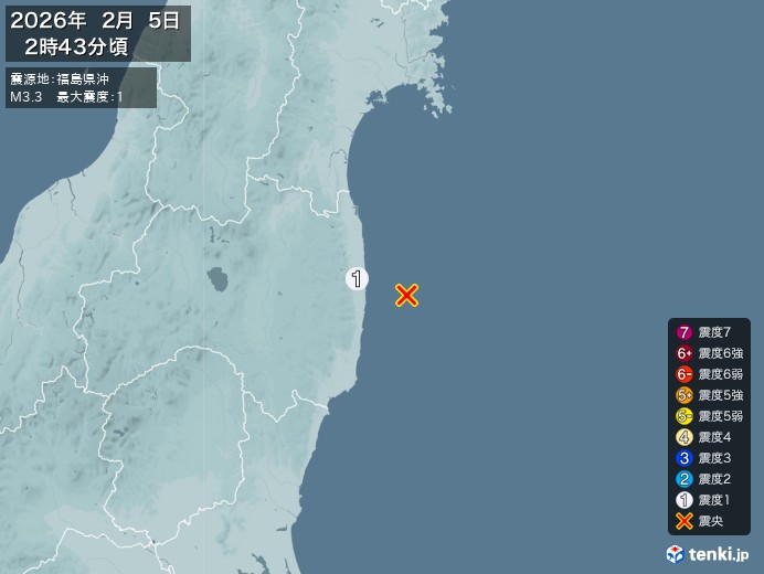 2時43分ごろ、Ｍ３．３　福島県沖 北緯37.4度　東経141.