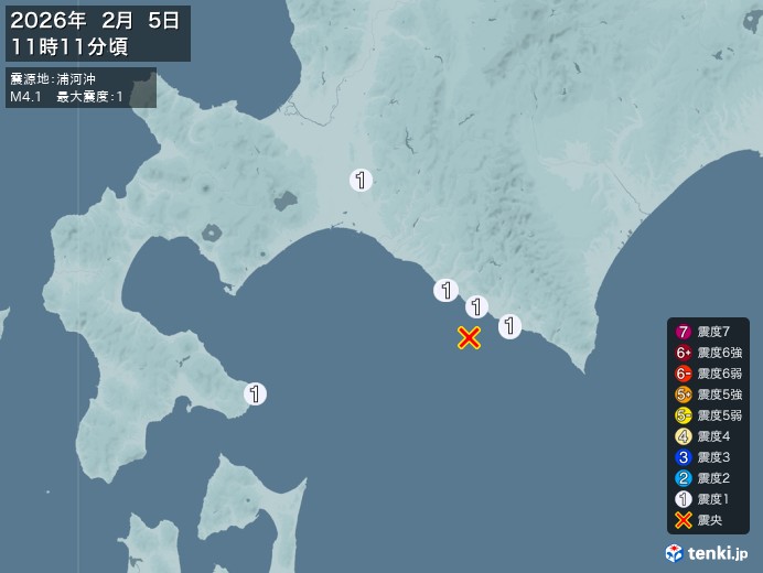 11時11分ごろ、Ｍ４．１　浦河沖 北緯42.1度　東経142.