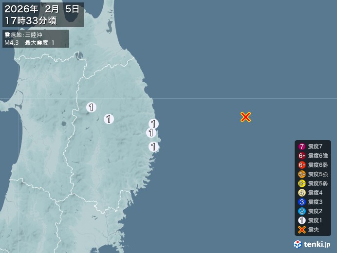 17時33分ごろ、Ｍ４．３　三陸沖 北緯39.8度　東経143.