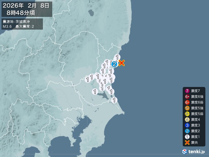 8時48分ごろ、Ｍ３．６　茨城県沖 北緯36.6度　東経140.