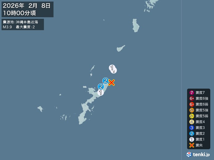 10時00分ごろ、Ｍ３．９　沖縄本島近海 北緯26.8度　東経1