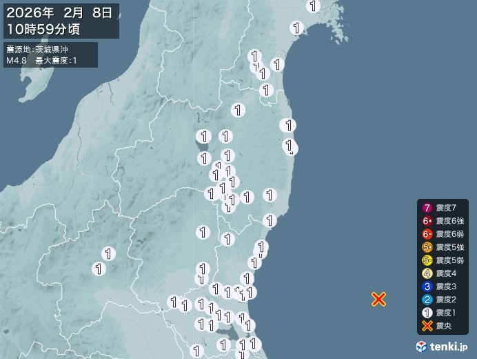 10時59分ごろ、Ｍ４．８　茨城県沖 北緯36.3度　東経141