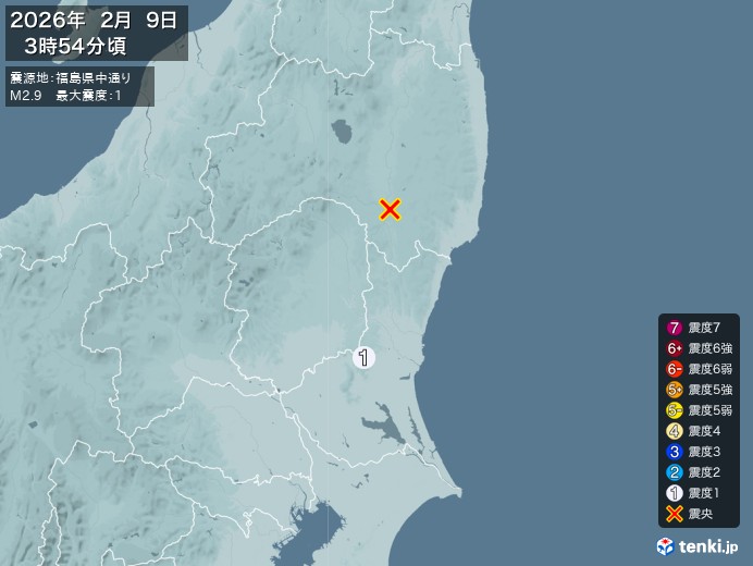 3時54分ごろ、Ｍ２．９　福島県中通り 北緯37.1度　東経14