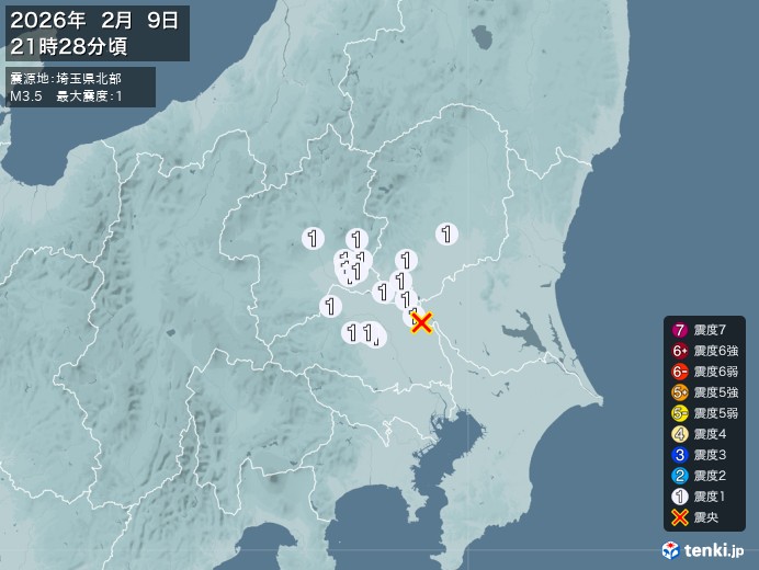21時28分ごろ、Ｍ３．５　埼玉県北部 北緯36.1度　東経13
