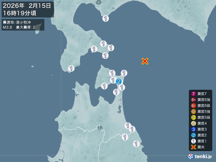16時19分ごろ、Ｍ３．８　苫小牧沖 北緯41.6度　東経141
