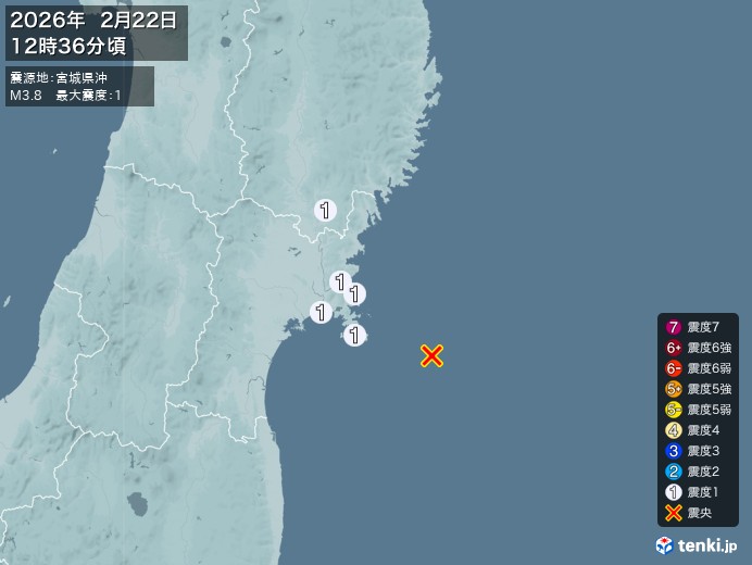 12時36分ごろ、Ｍ３．８　宮城県沖 北緯38.2度　東経142