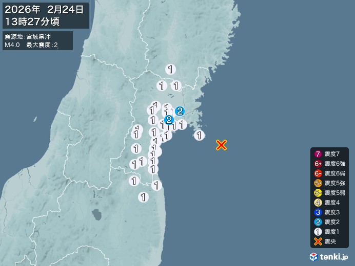 13時27分ごろ、Ｍ４．０　宮城県沖 北緯38.2度　東経141