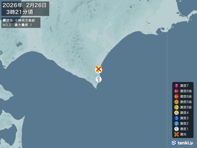3時21分ごろ、Ｍ３．２　十勝地方南部 北緯42.3度　東経14