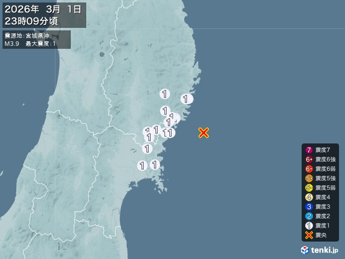 23時9分ごろ、Ｍ３．９　宮城県沖 北緯38.9度　東経142.