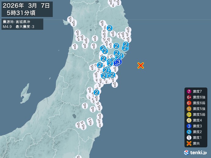5時31分ごろ、Ｍ４．９　宮城県沖 北緯38.8度　東経142.