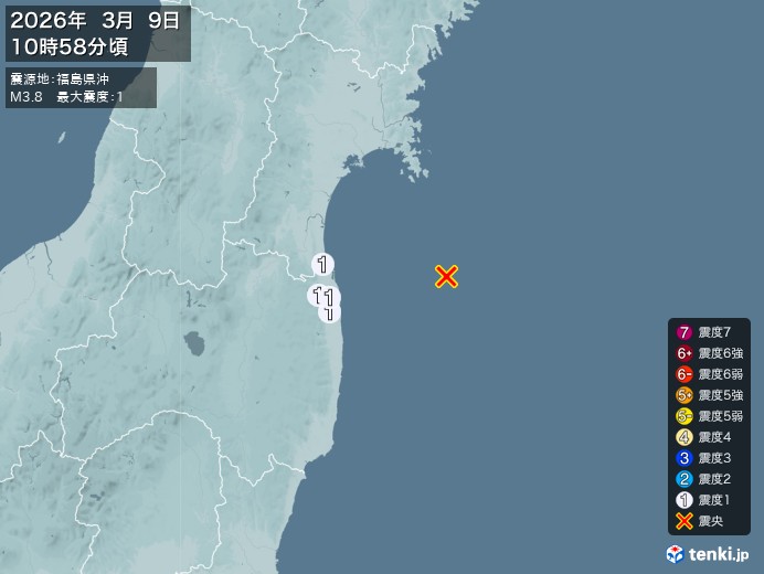10時58分ごろ、Ｍ３．８　福島県沖 北緯37.8度　東経141