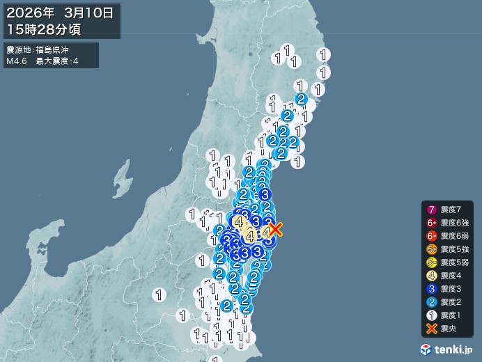 15時28分ごろ、Ｍ４．６　福島県沖 北緯37.4度　東経141