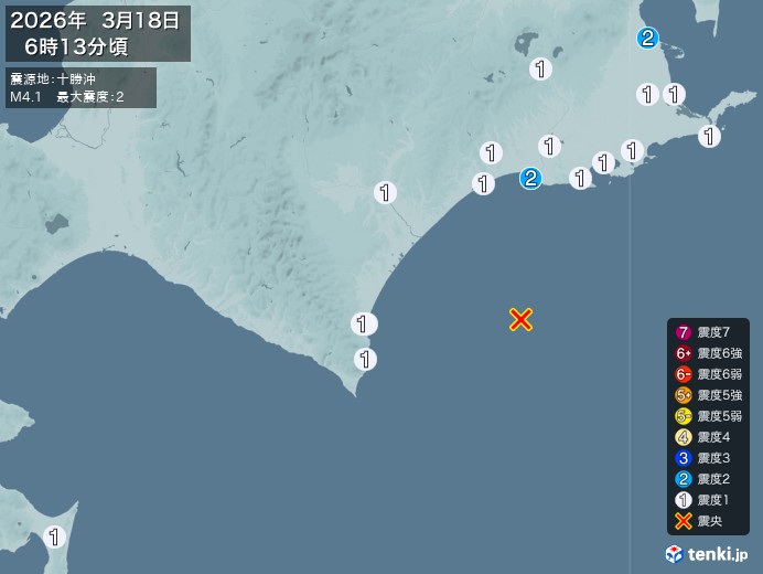 6時13分ごろ、Ｍ４．１　十勝沖 北緯42.3度　東経144.3